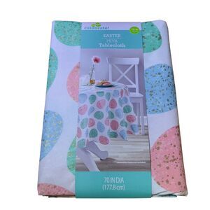 Way to Celebrate Easter Peva 70” Round Tablecloth Colorful Easter Eggs Vinyl NEW